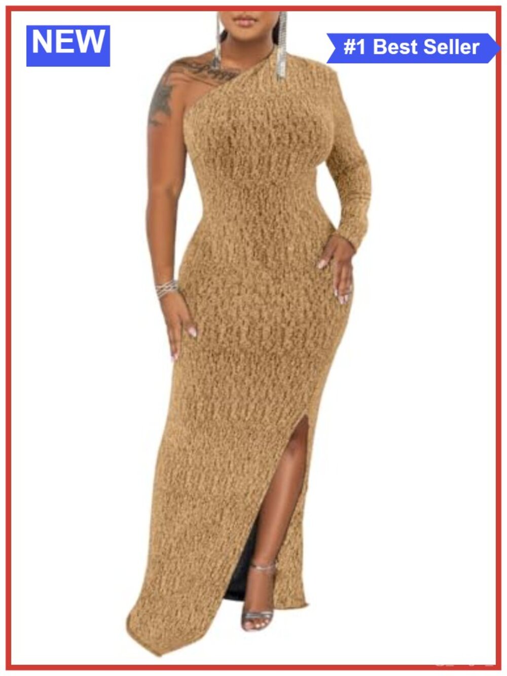 One Shoulder Long Sleeve Formal Evening Gown High Split Sequin Maxi Dress
